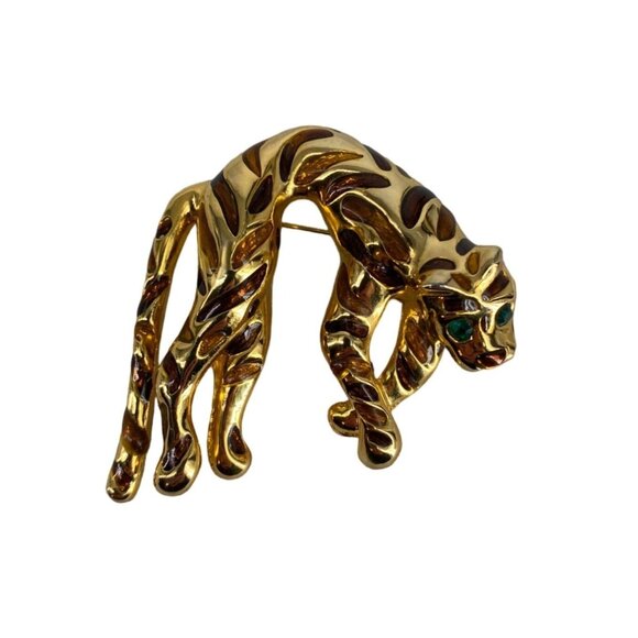 Vintage Gold Leopard Brooch With Enamel & Emerald Glass Eyes - Picture 1 of 4